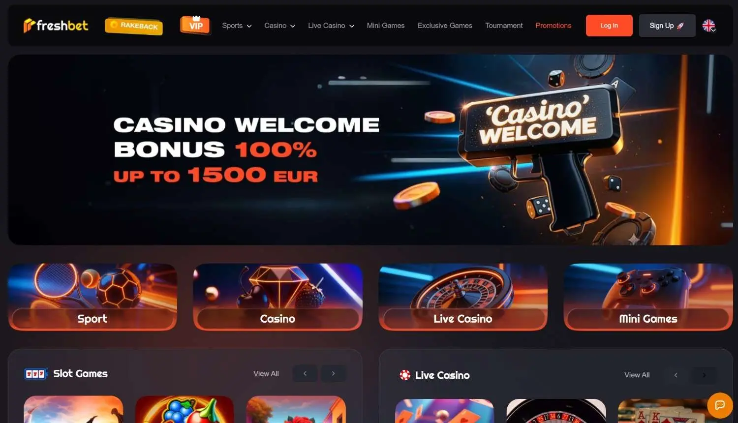 Freshbet homepage with orange-and-black navigation, welcome promotion and casino game listings