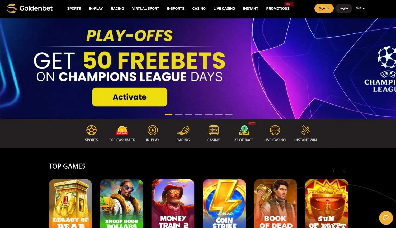 Goldenbet homepage showing its gold-and-black navigation, promotional banner and casino game grid