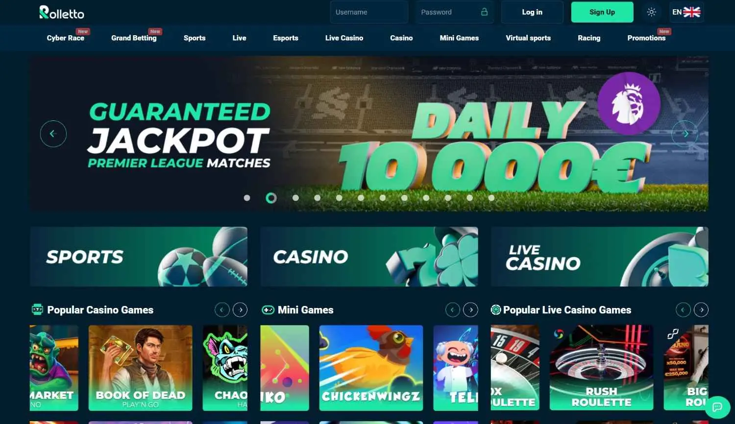 Rolletto homepage with its navigation, promotional banner, casino categories and game tiles.