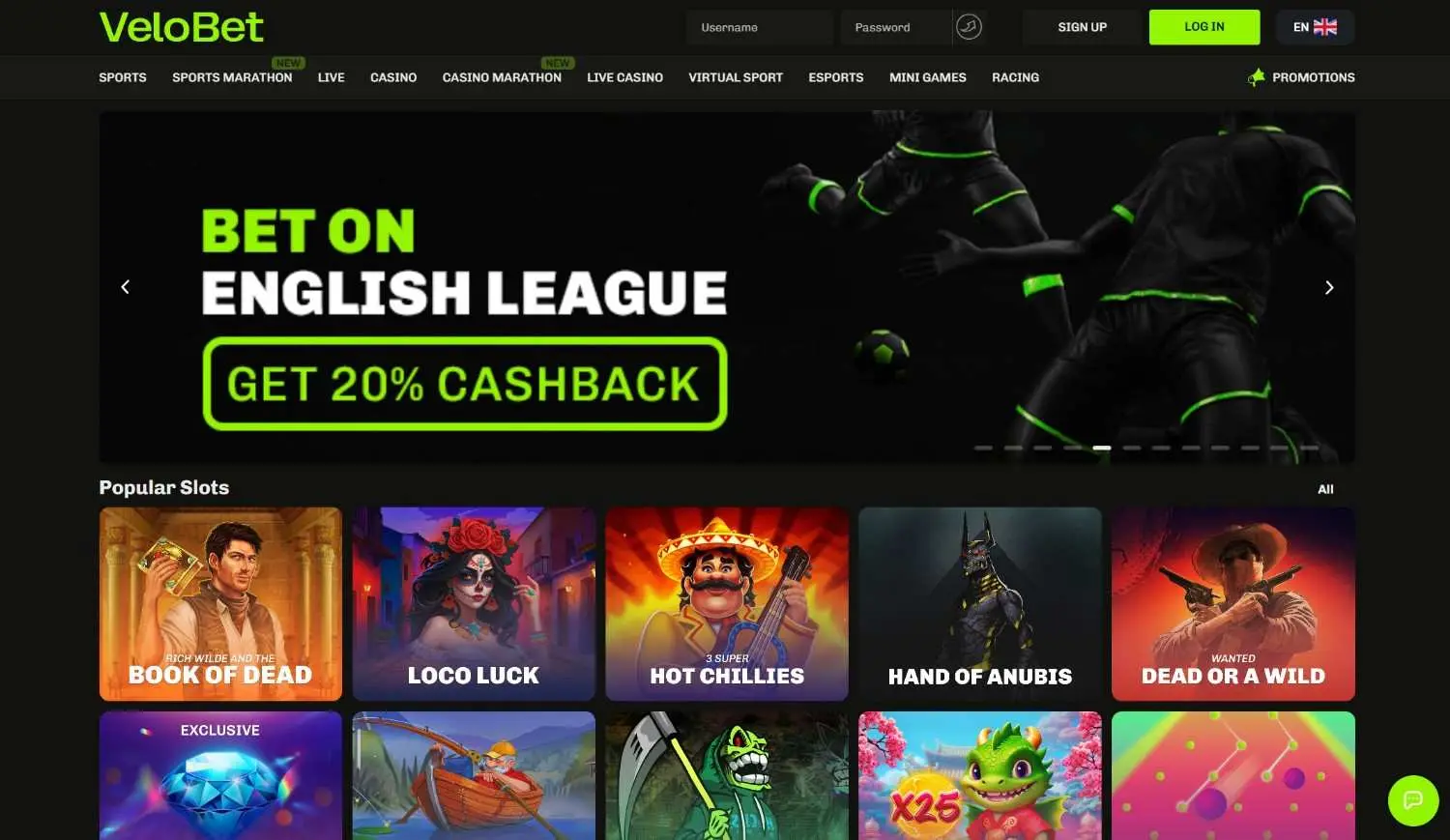 Velobet homepage supplied for illustration